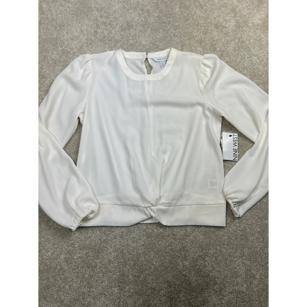 Nine West Front Twist Long Sleeve Blouse XS Ivory White Puff Sleeve Smocked Chic